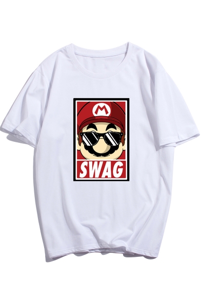Summer Letter SWAG Mario Cartoon Print Short Sleeve Loose Fit T-Shirt