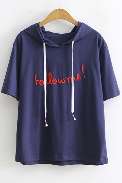 Summer Simple Letter Embroidered Short Sleeve Hooded Casual T-Shirt