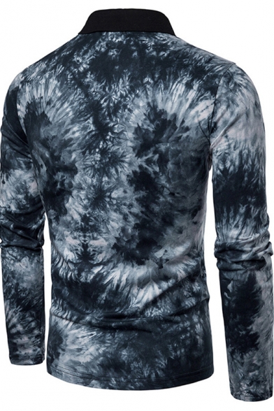 Trendy Tie Dye Printed Three-Button Long Sleeve Polo Shirt for Men