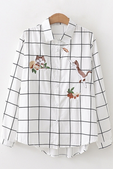 Cartoon Cat Embroidered Lapel Collar Long Sleeve Button Down Plaid White Shirt