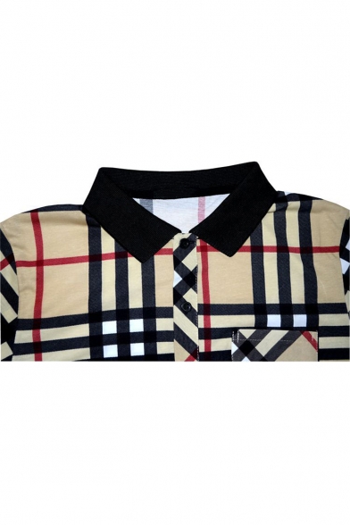 Classic Retro Check Printed Short Sleeve Men Summer Cotton Polo Shirt in Yellow