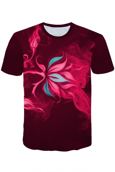 Cool 3D Smoke Floral Printed Round Neck Short Sleeve Red T-Shirt
