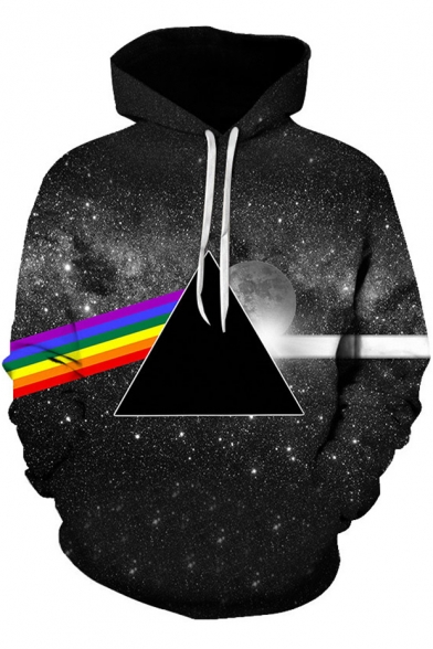 Creative 3D Rainbow Triangle Galaxy Pattern Long Sleeve Sport Black Drawstring Hoodie