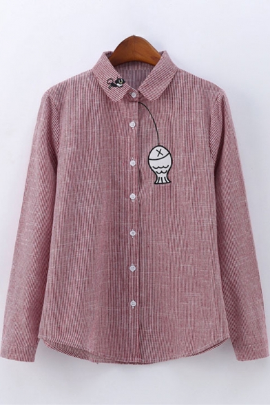 Cute Cartoon Cat Fish Embroidered Long Sleeve Button Down Striped Shirt