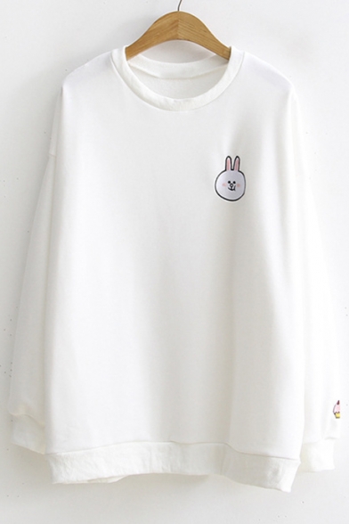 Cute Cartoon Embroidered Chest Crewneck Long Sleeve Casual Loose Pullover Sweatshirt