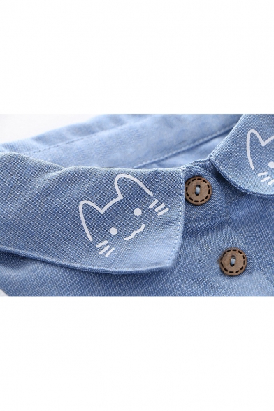 Denim Patched Collar Cartoon Cat Printed Long Sleeve Pullover Sweatshirt