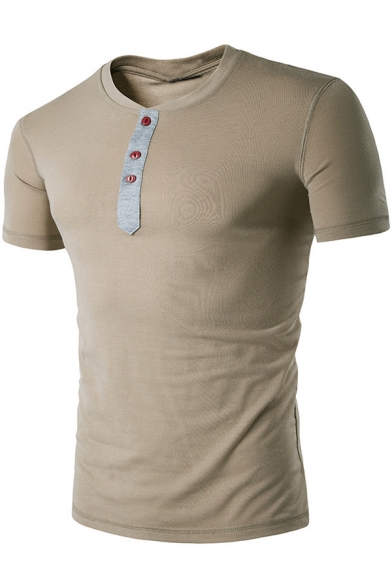 Fancy Button-Embellished Patchwork Round Neck Short Sleeve Slim Fitted T-Shirt for Men