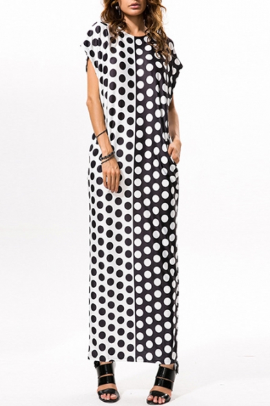 Fashion Black and White Polka-Dot Printed Round Neck Short Sleeve Maxi Shift Kaftan Dress