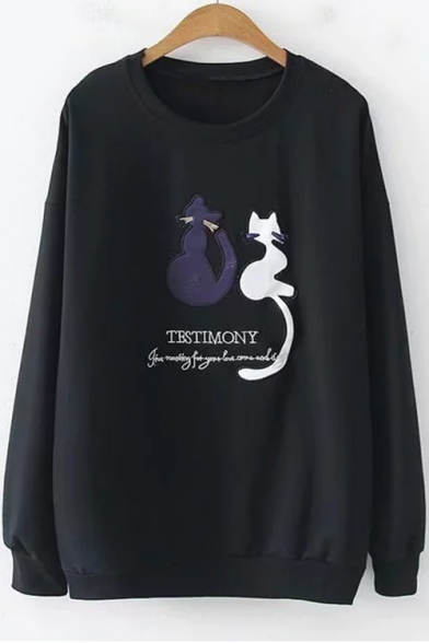 Lovely Sweet Cartoon Cat Letter Embroidered Long Sleeve Loose Fit Sweatshirt