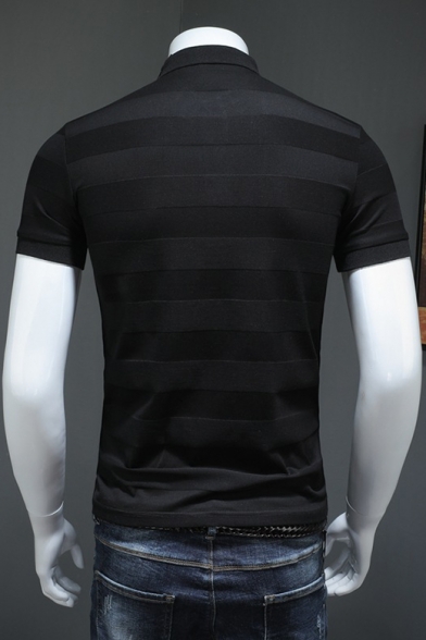 Men's Basic Stripe Patched Short Sleeve Knit Slim Fit Business Polo Shirt