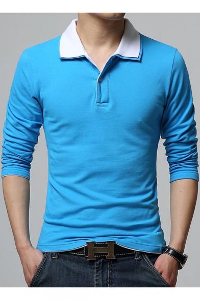 Men's Basic Turn-Down Collar Cotton Long Sleeve Fitted Business Polo