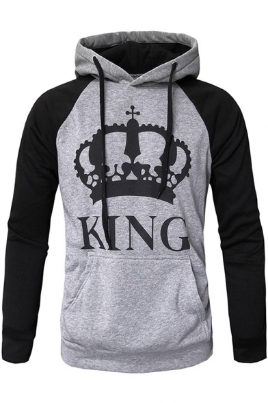 New Trendy Crown King Queen Colorblocked Long Sleeve Drawstring