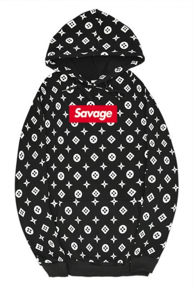 Simple Letter SAVAGE Allover Star Printed Sport Casual Loose Drawstring Hoodie