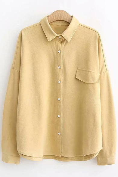 Simple Plain Lapel Collar One Pocket Casual Oxford Cotton Shirt