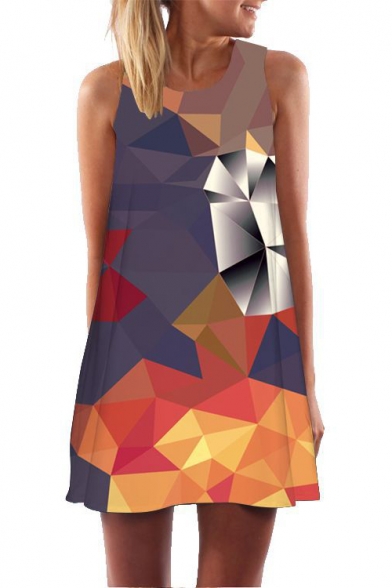 Stylish Round Neck Sleeveless 3D Geometric Printed Mini Swing Tank Dress