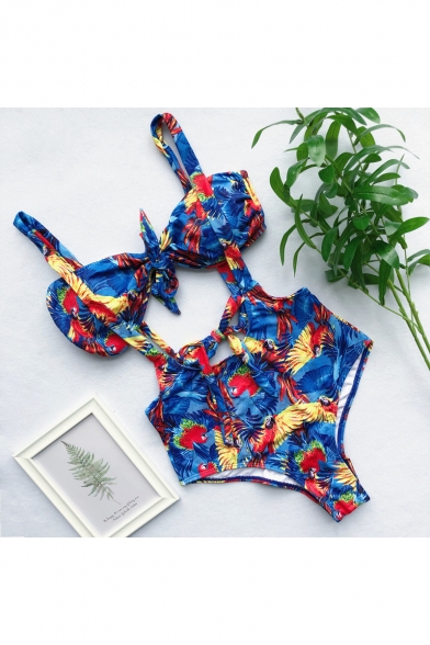 Summer New Trendy Fashion Printed Bow-Tied Front Overall Bikini Swimwear