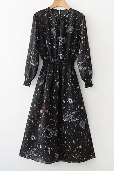 Trendy Galaxy Graffiti Round Neck Long Sleeve Midi Pleated Black A-Line Dress with Liner