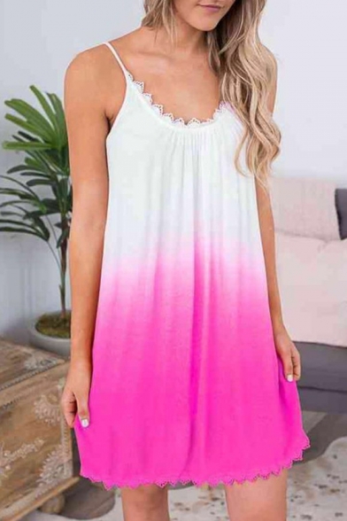 Trendy Ombre Two-Tone Lace-Trimmed Mini Loose Swing Cami Dress