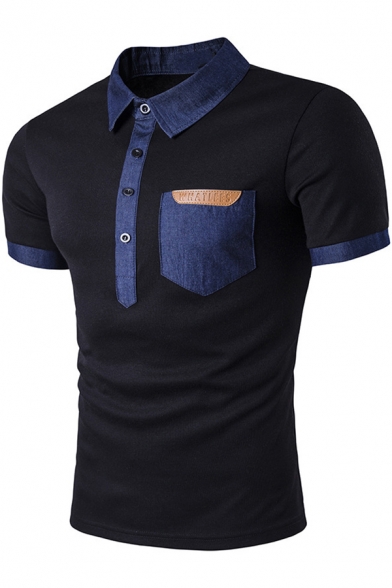Unique Contrast Chambray Patched Pocket Chest Short Sleeve Slim Fit Polo for Men