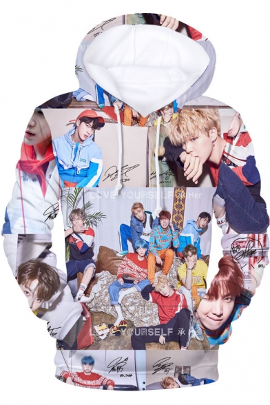 Boy Band Figure Letter Pattern Casual Relaxed Long Sleeve Pullover Drawstring Hoodie