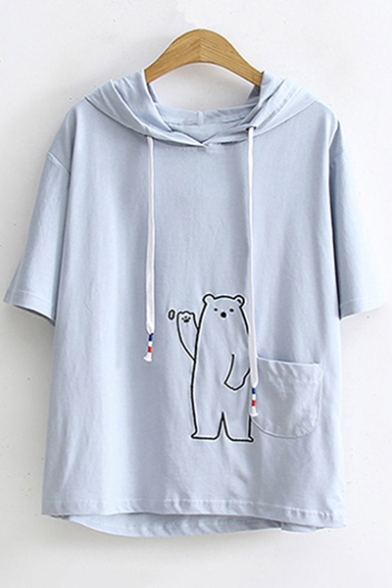 Cute Cartoon Bear Embroidered Pocket Patched Short Sleeve Drawstring Hooded T-Shirt