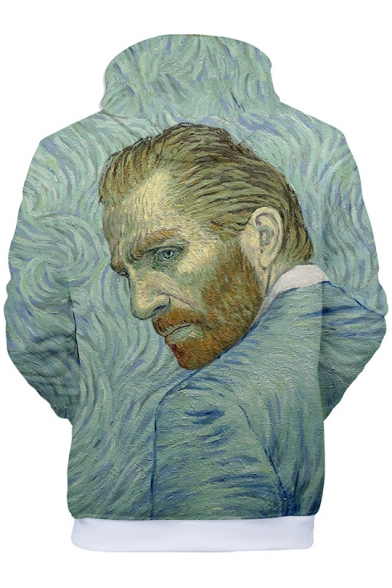Fashion 3D Dutch Painter Portrait Print Long Sleeve Green Drawstring Hoodie