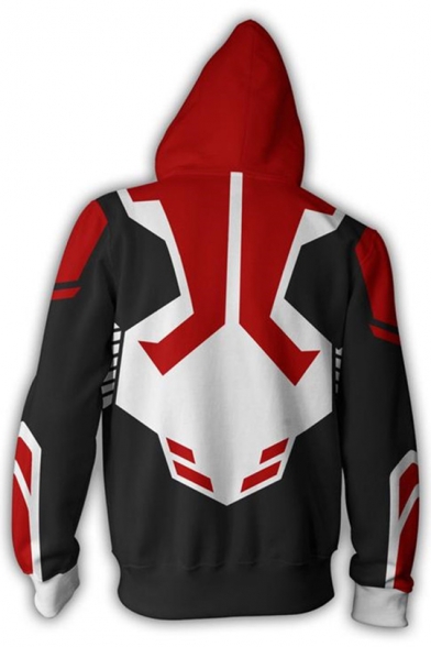 Fashion Black and Red Colorblocked Print Long Sleeve Full Zip Hoodie