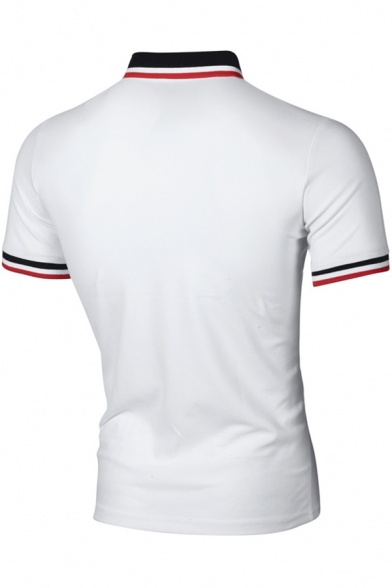Fashion Contrast Striped Trim Rib Collar Short Sleeve Casual Polo Shirt for Men