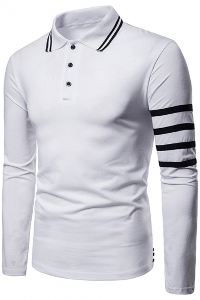 Alion Mens Fashion T-Shirt Cotton Striped Long-Sleeved Polo Shirt Tops 