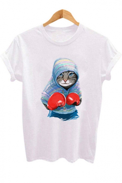 Funny Cartoon Boxing Cat Printed Round Neck Short Sleeve White Casual Tee