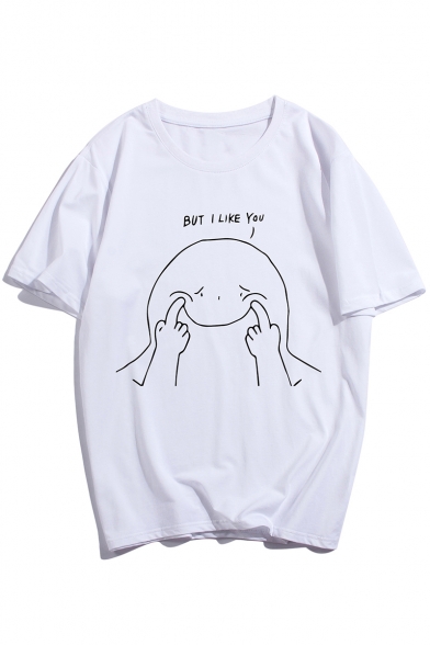 Funny Letter BUT I LIKE YOU Print Round Neck Short Sleeve Cotton Graphic Tee