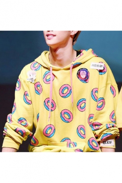 Allover Doughnut Printed Loose Fit Pullover Drawstring Hoodie in Yellow