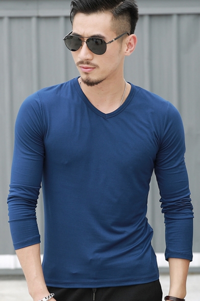 Men's Basic Simple Plain V-Neck Long Sleeve Regular-Fit T-Shirt