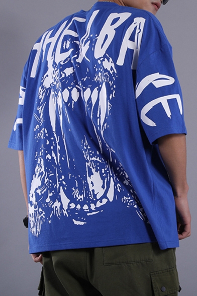 Men's Cool Letter Pattern Half-Sleeved Blue Oversized T-Shirt