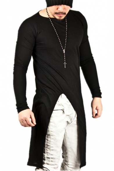 Men's New Trendy Long Sleeve Simple Plain Split Side Hip Hop Long T-Shirt