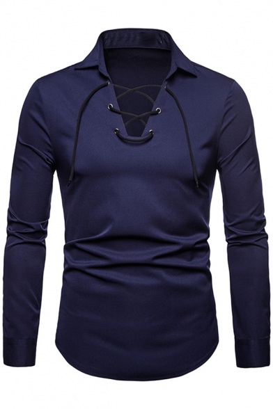Men's Unique Fashion Lace-Up V-Neck Long Sleeve Casual Fitted Solid Polo Shirt