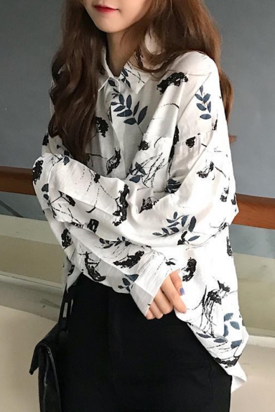 New Trendy Leaf Printed Long Sleeve Women's Loose Fit White Button Shirt
