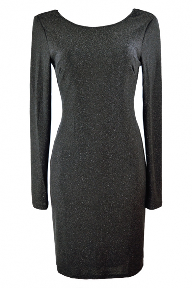 Round Neck Long Sleeve Twist V Back Midi Sequined Pencil Dress for Women