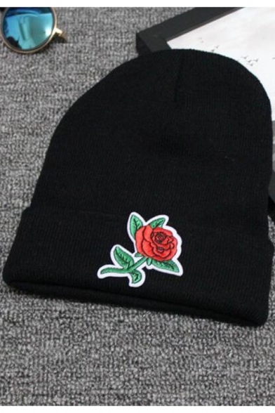 Stylish Rose Floral Embroidered Winter Warm Knit Beanie Hat