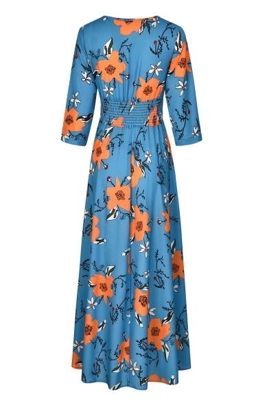 Summer Blue Floral Printed V-Neck Three-Quarter Sleeve Button Front Maxi Boho Dress