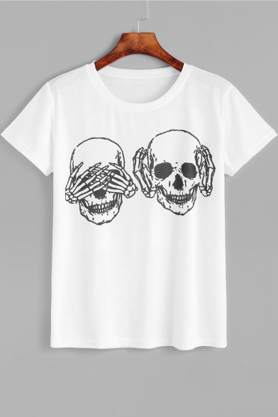 Summer Funny Skull Printed Short Sleeve Round Neck Loose Relaxed T-Shirt