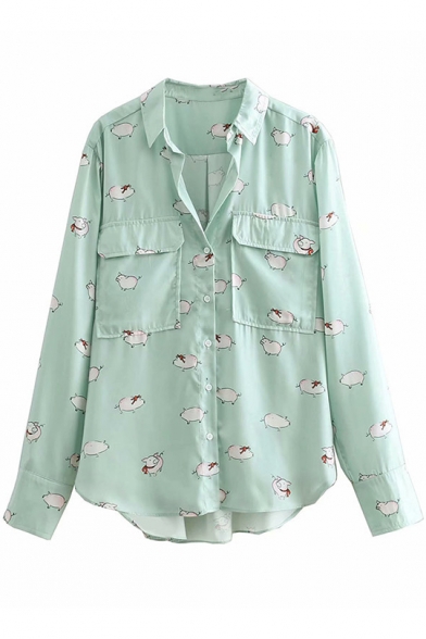 

Trendy Allover Cartoon Pig Printed Vintage Green Loose Button Shirt