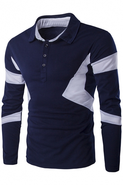 Unique Colorblocked Triangle Printed Men's Fitted Long Sleeve Polo Shirt