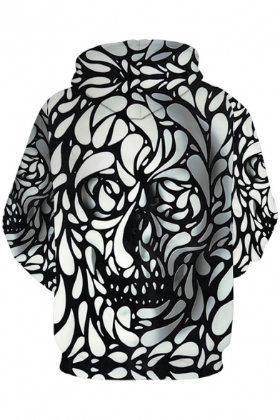 Unique Cool 3D Skull Printed Long Sleeve Black and White Drawstring Hoodie