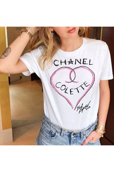 Unique Heart Letter Printed Short Sleeve Round Neck White T-Shirt