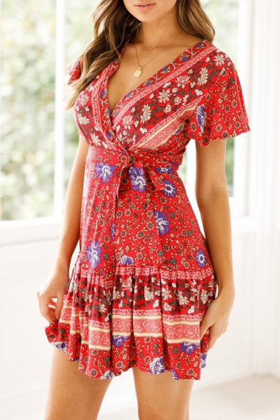 Women's Holiday Boho Style Floral Printed V-Neck Short Sleeve Pleated Mini A-Line Dress