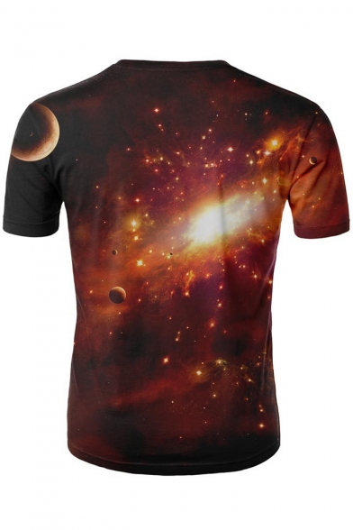 3D Universe Galaxy Pattern Round Neck Short Sleeve Yellow T-Shirt