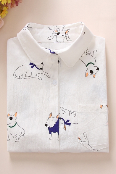 Cartoon Animal Plants Printed Long Sleeve Regular-Fit White Shirt for Girls