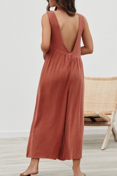 casual round collar plain loose sleeveless jumpsuit