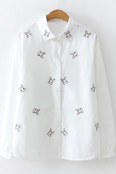 Cute Cartoon Rabbit Embroidered Long Sleeve Loose Fit Cotton White Shirt